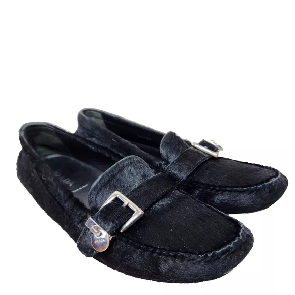 PRADA Pony Calf Hair Driving Loafers COA Sz 37/7 US Logo Charm Black Driver - Picture 3 of 16